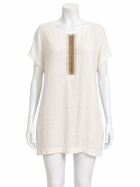 PIAZZA SEMPIONE EMBROIDERED IVORY LINEN BLEND SHIFT DRESS LARGE MINIMALIST‎